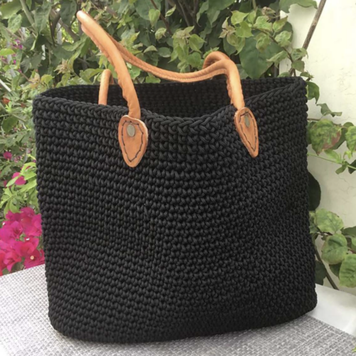 Black Crochet Tote with Leather Handles